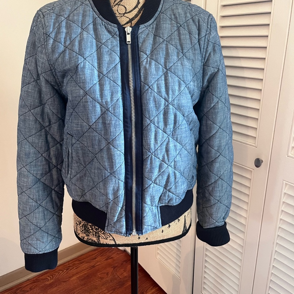 GAP Quilted Light Blue Bomber Jacket with Black Trim